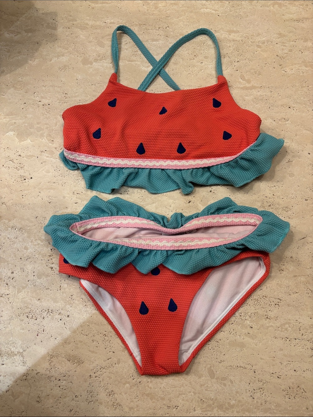 Boden Girls Red and Teal Watermelon Print Bikini